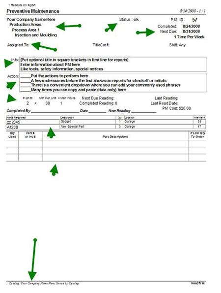 KeepTraK Preventive Maintenance Report Printout Sample
